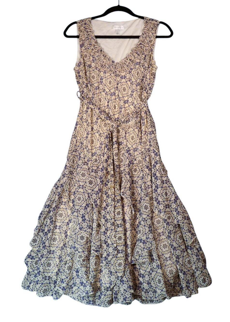 Dressbarn Midi Dress Womens Size 10 Blue Ivory Ruffle Romantic Soft Coquette